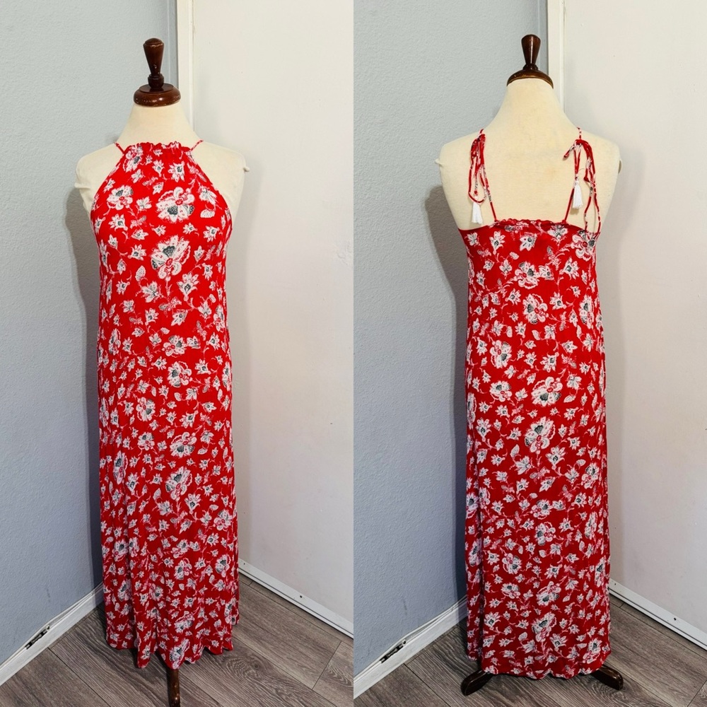 Faithfull the Brand Women Red Floral Halter Spaghetti Strap Relaxed Fit Dress XS